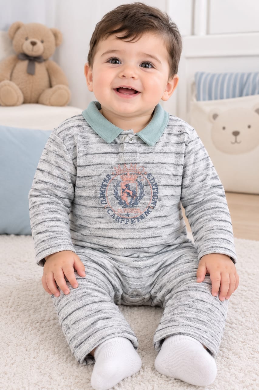 Grenouillère bébé garçon grise rayée motif marin 1216