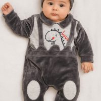 767-Grenouillère et bonnet en velours Gris