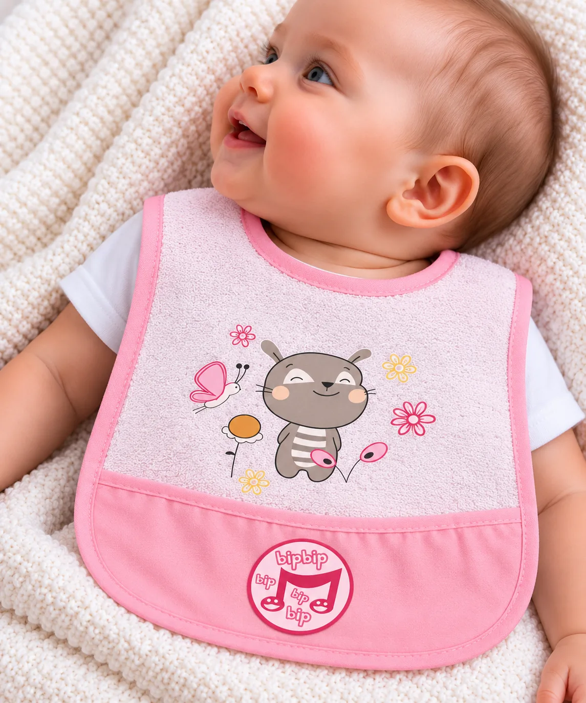 Bavoir bébé fille rose avec poche motif animal 1061R