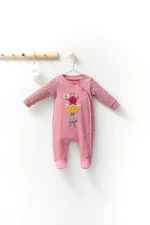 La 4410-Grenouillère en coton, une grenouillère rose à manches longues à motifs et à monstres de dessins animés sur le devant, est suspendue à un cintre en bois sous une étagère murale à crochets colorés.