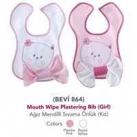 Deux bavoirs pour bébé (Produit : 864-Bavoir bébé) sont de couleur rose et blanche avec des motifs de chats et de fleurs, chacun orné d'un gros nœud. Étiqueté "Bavoir essuie-bouche plâtre (fille)".