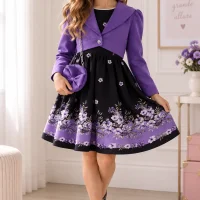 Ensemble fille robe violet-noir et veste avec accessoires 1443V