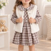 Robe bébé fille à carreaux avec gilet crème C01322