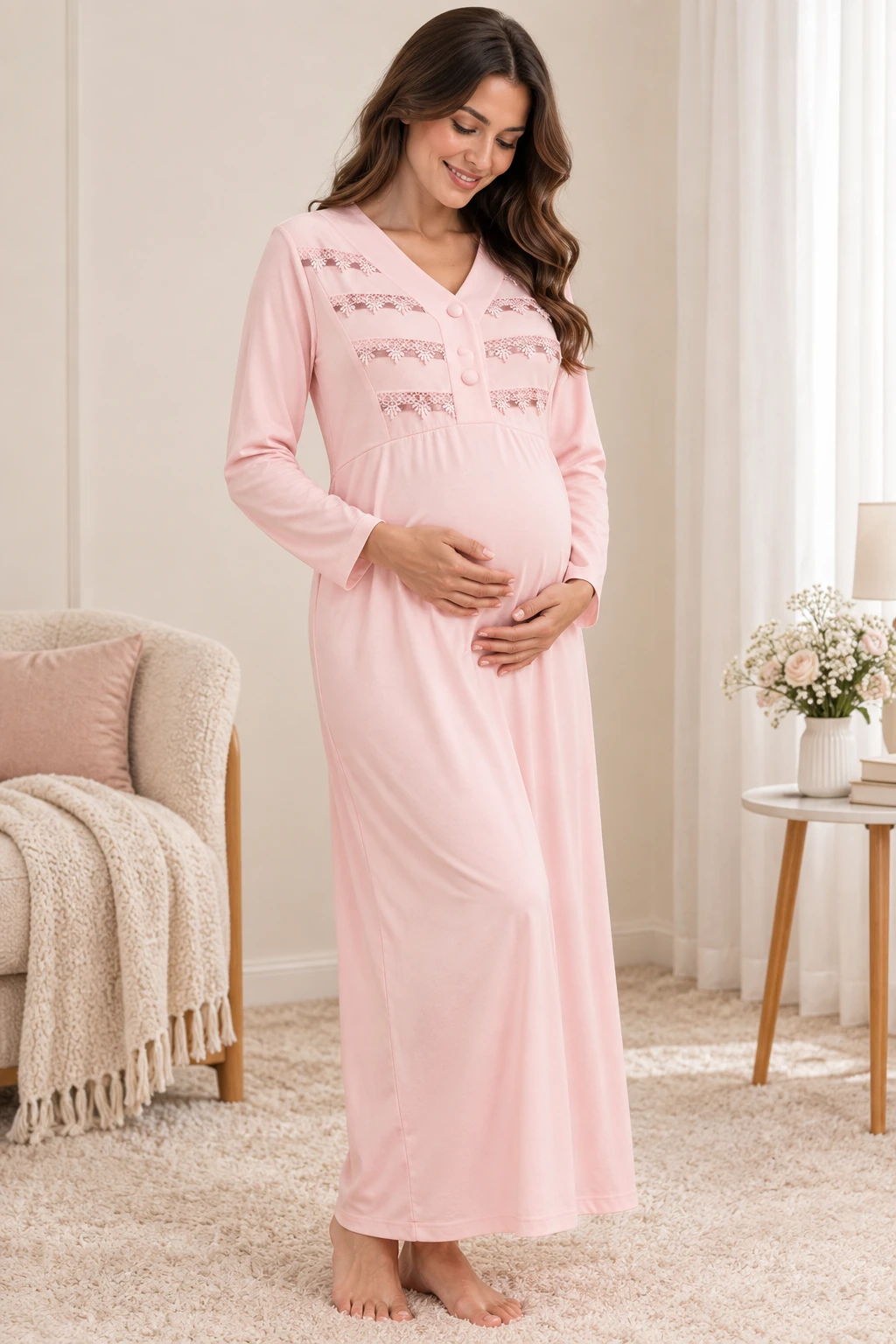 Robe de grossesse rose avec dentelle 252535R