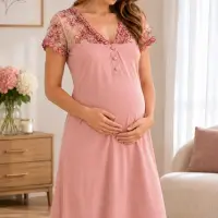 Robe de grossesse rose poudré avec dentelle 2599R