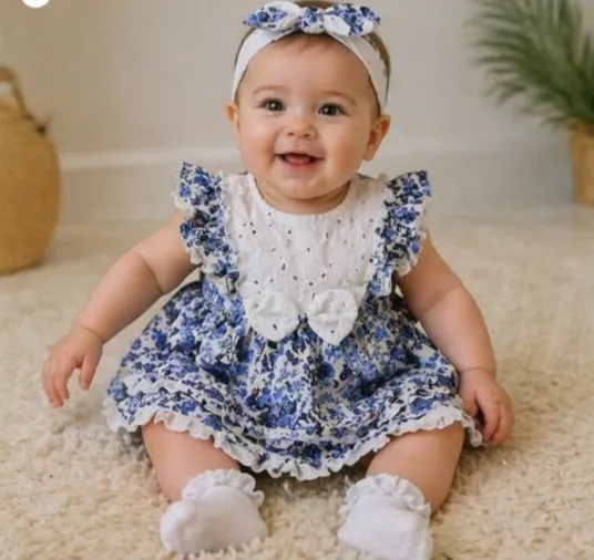 Robe bébé imprimée bleue avec bandeau 1236B