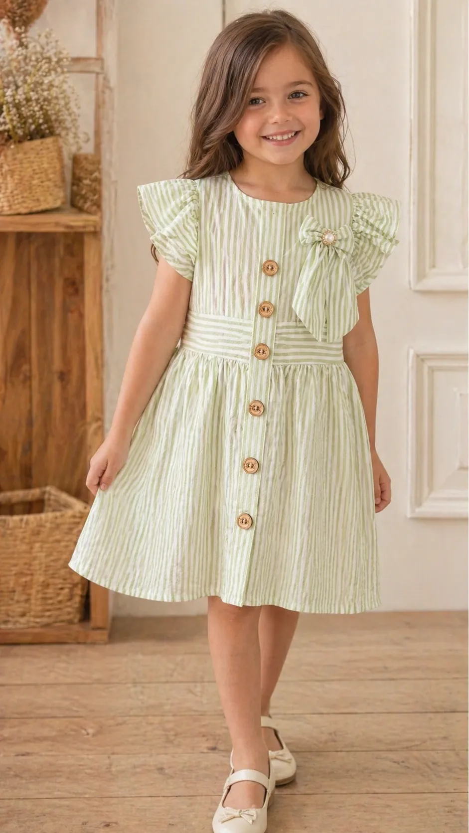 Robe rayée verte fille junior 12070V