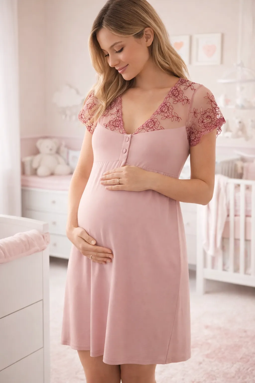 Robe de grossesse rose poudré avec dentelle 2599R