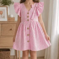 Robe fille junior rayée rose et blanche 12060R