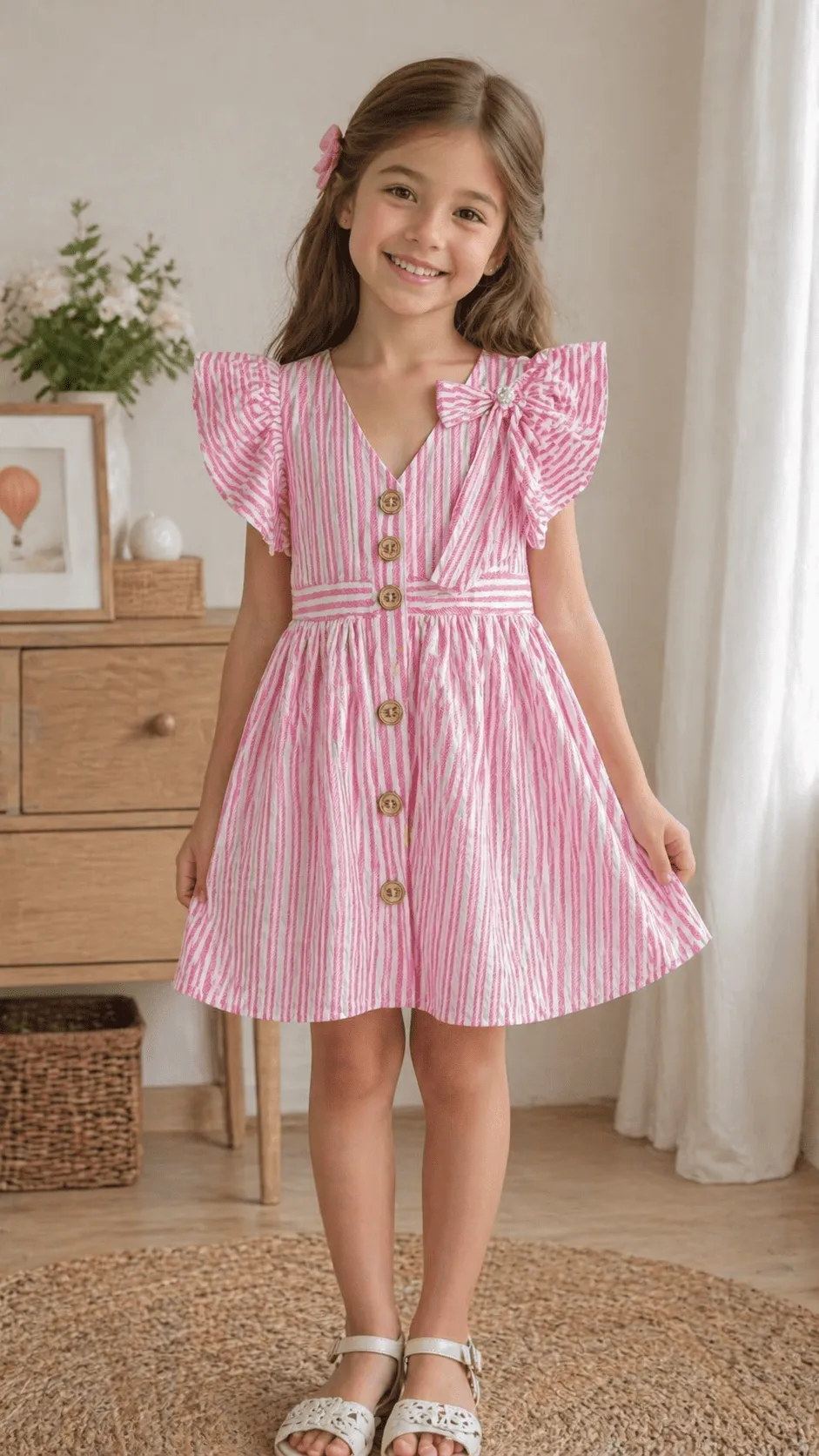 Robe fille junior rayée rose et blanche 12060R