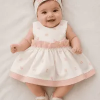 Robe bébé fille écrue et rose sans manches 1253