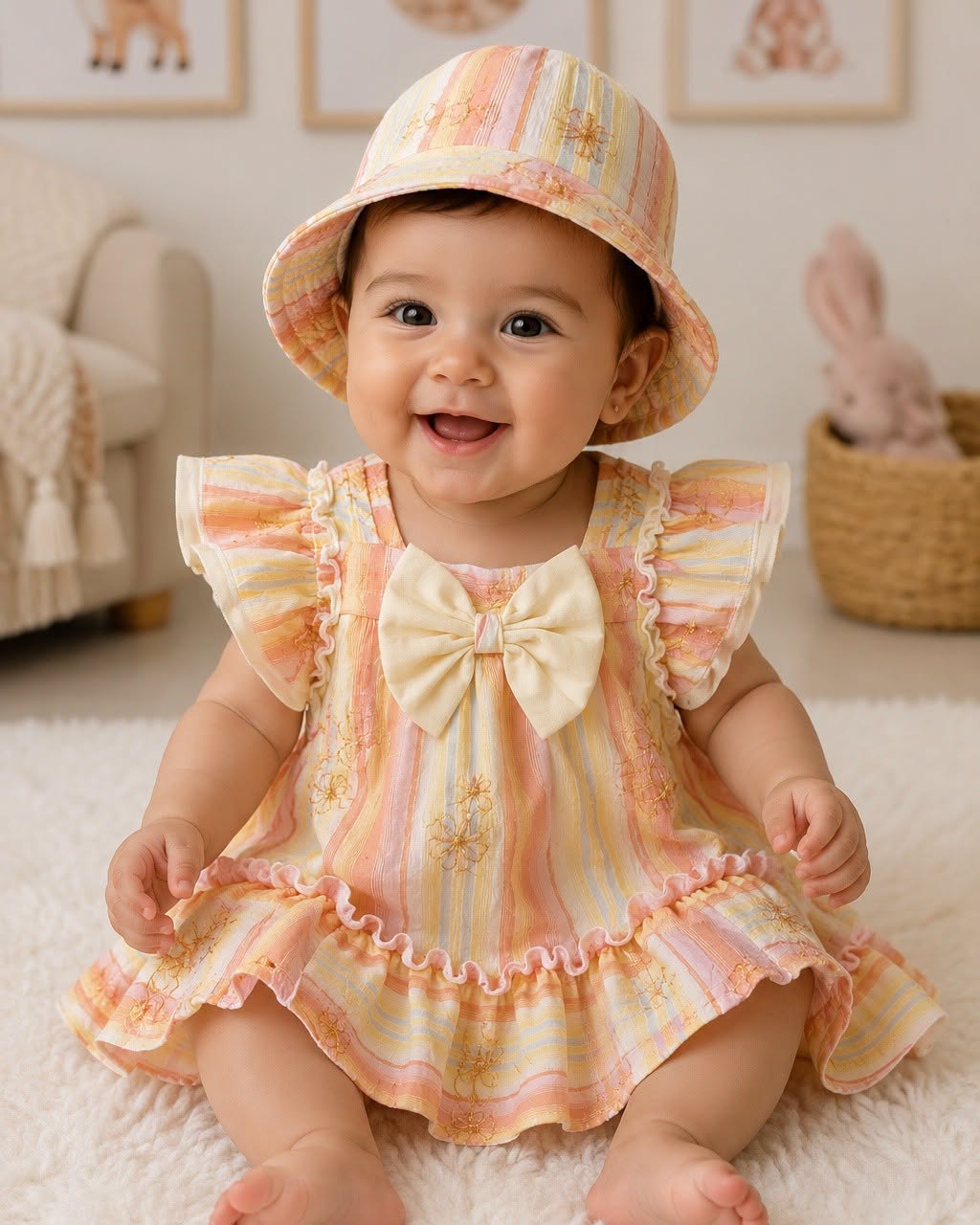 Robe bébé fille avec chapeau pastel à rayures 95219C