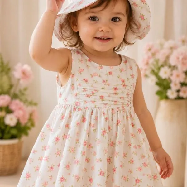 Robe bébé fleurie rose avec chapeau assorti