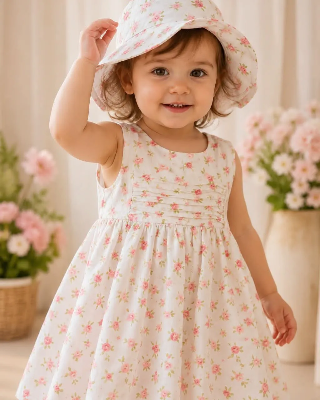 Robe bébé fleurie rose avec chapeau assorti