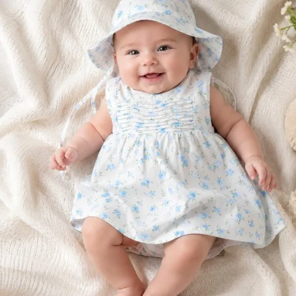 Robe bébé fleurie bleue avec chapeau assorti