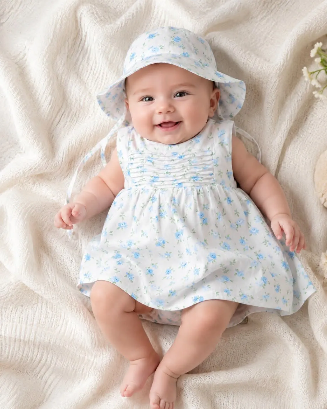 Robe bébé fleurie bleue avec chapeau assorti