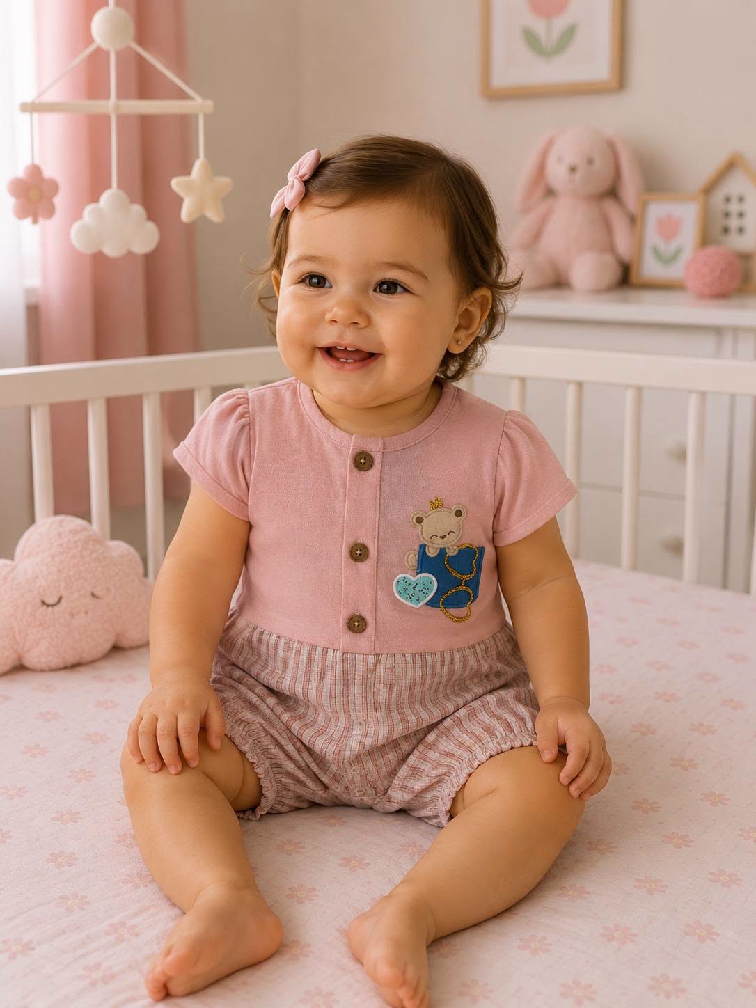 Barboteuse bébé fille rose motif ourson 663R