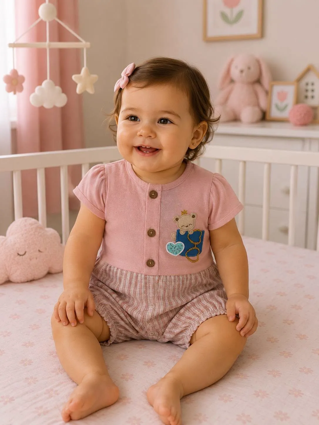 FB_IMG_1785405179202 - Copie Barboteuse bébé fille rose motif ourson 663R – Image 1