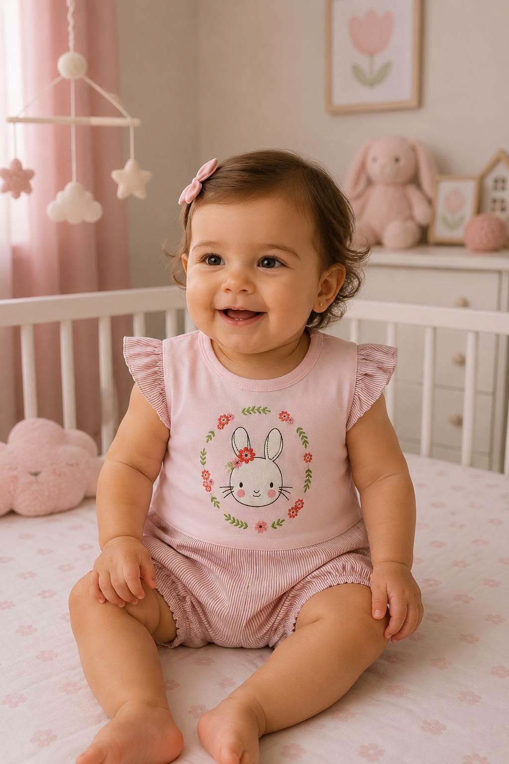 Barboteuse bébé fille rose motif lapin 552R