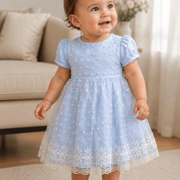 Robe bébé bleu clair à manches courtes avec motifs en relief