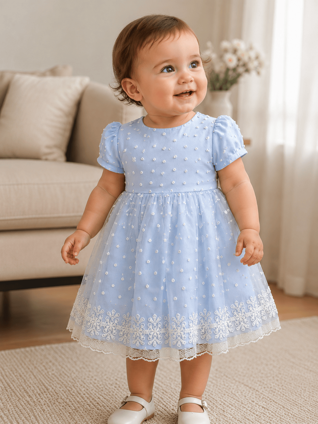 Robe bébé bleu clair à manches courtes avec motifs en relief