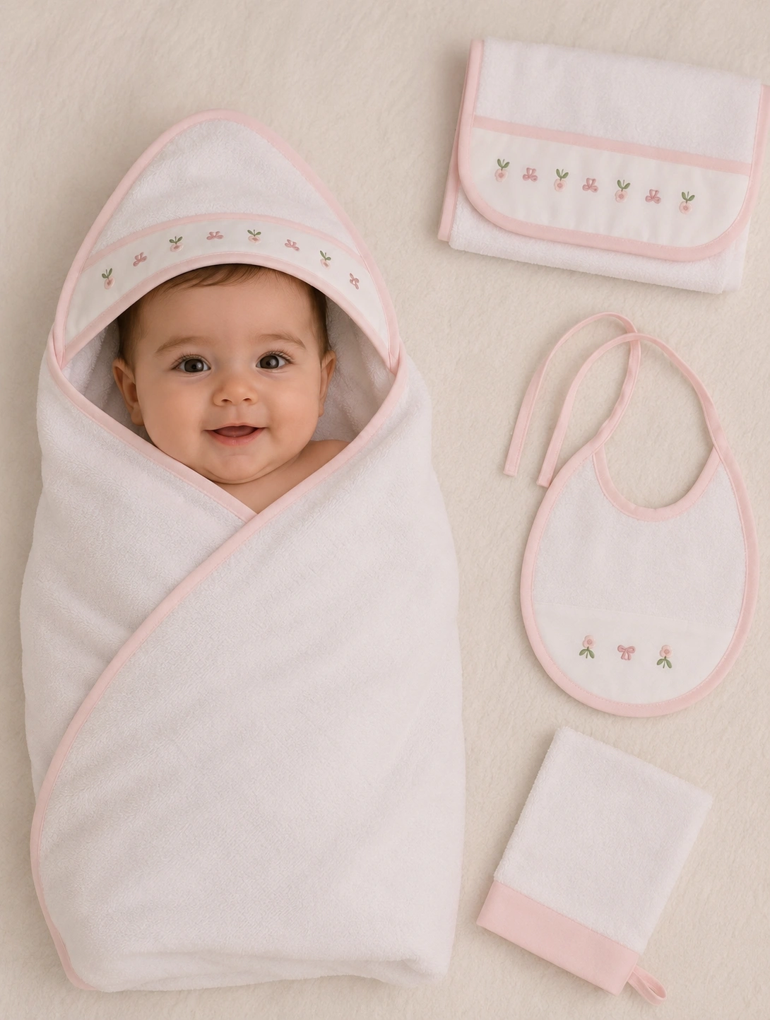 file_000000006dc8720a969a8fec9b48d198 - Copie Sortie de bain bébé blanche et rose avec carré à capuche et accessoires