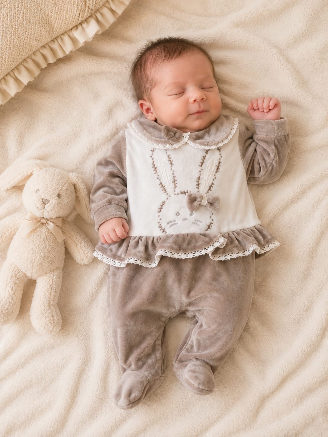 Grenouillère velours bébé fille beige motif lapin 12648
