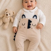 Grenouillère velours bébé garçon Beige avec bonnet dinosaure 755B