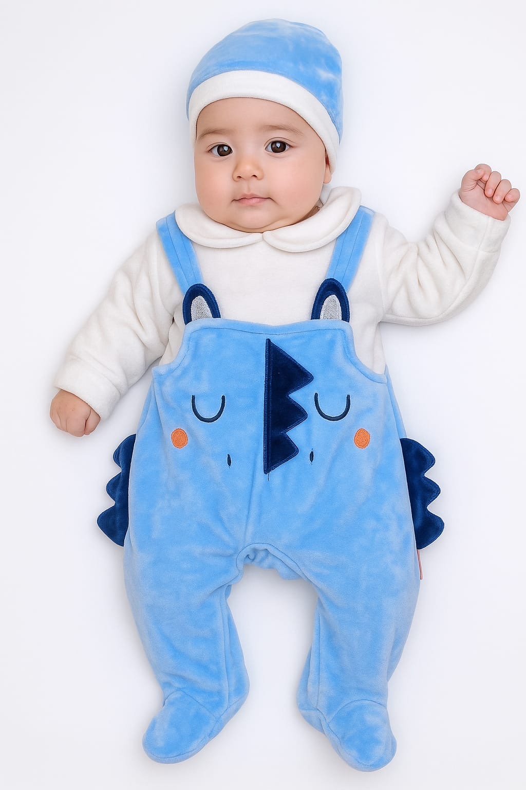 Grenouillère velours bébé garçon Ciel avec bonnet dinosaure 755C