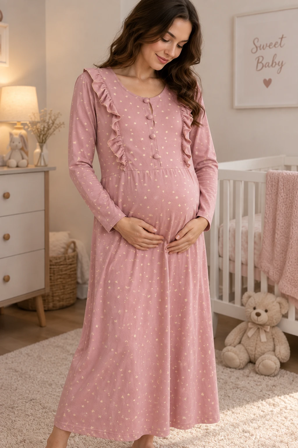 Robe de grossesse rose à motifs étoiles