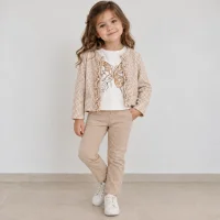 Ensemble fille 3 pièces veste, t-shirt et pantalon beige 4527B