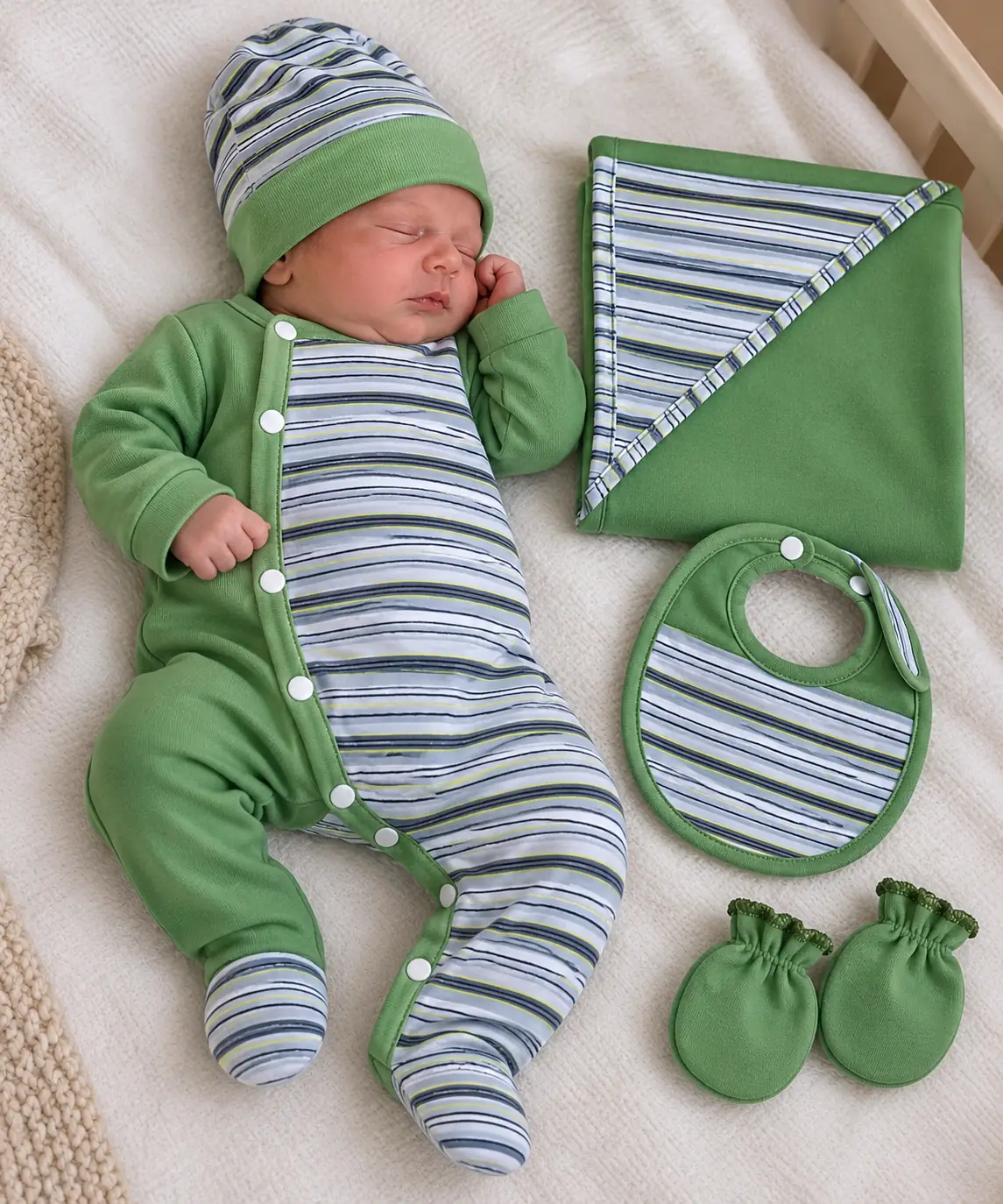 Kit naissance bébé garçon vert rayé 5 pièces MBL007
