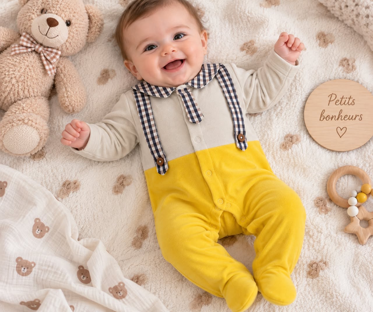 Grenouillère coton bébé garçon grise et jaune 783559J