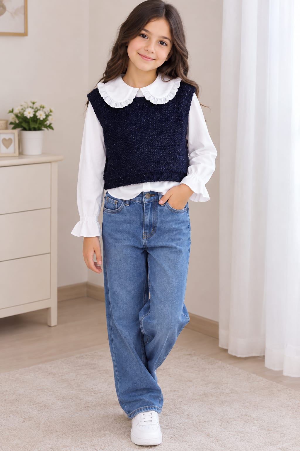Ensemble fille pull bleu et pantalon jean A3434B
